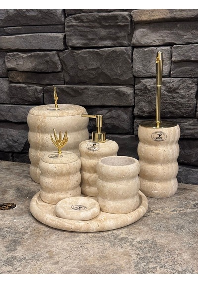 Light Traverten Doğal Taş Aksesuarlı Bambu Model Oval 7,li Banyo Seti Beyaz