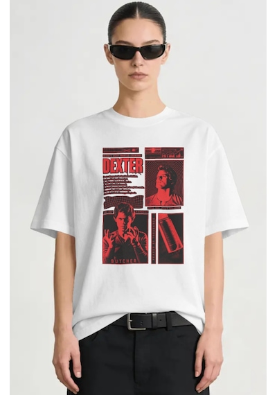 Dexter Dizi Baskılı Unisex Oversize Premium Tişört Beyaz