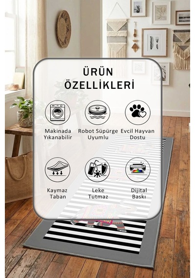 Fil Gri Gri Salon Mutfak Yatak Odası Yıkanabilir Yolluk