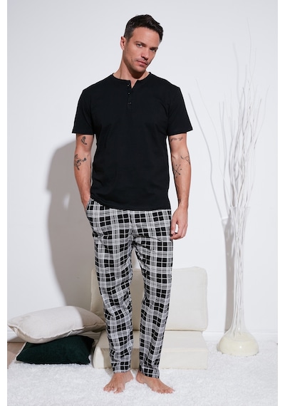 Buratti Ekoseli Pamuklu Beli Lastikli Regular Fit Kısa Kollu Erkek Pijama Takımı 6572004 Siyah