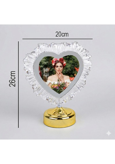 Yatak Odası İçin Abajur Led Işıklı Fotoğraflı Çerçeve Kristal Kalpli Kişiye Özel Resimli Abajür Gold