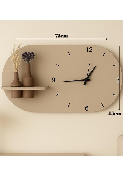 Modern Tasarım Raflı Nera Duvar Saati 75x45 Bej