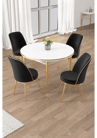 Canisa Osle Serisi 90x90 Yuvarlak Beyaz Mutfak Masa Takımı 4 Sandalye Gold Detay Masa Beyaz Sandalye Siyah Gold Ayak Canisa Osle Serisi 90x90 Yuvarlak Beyaz Mutfak Masa Takımı 4 Sandalye Gold Detay Masa Beyaz Sandalye Siyah Gold Ayak