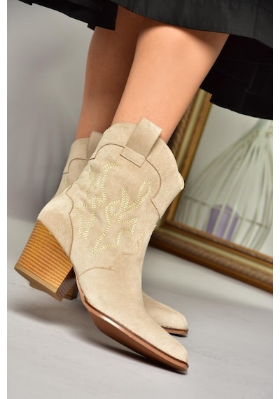 Fox Shoes T296112002 Bej Süet Kalın Topuklu Kadın Bot Bej-süet Bej