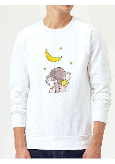 Fil Ve Tavşan Baskılı Beyaz Erkek Örme Sweatshirt (528471537)