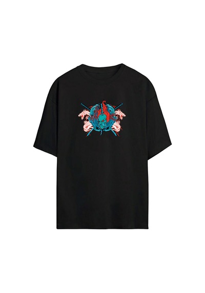 Thewert Unisex Ejderha Ve Canavar Baskılı Siyah Oversize Tshirt