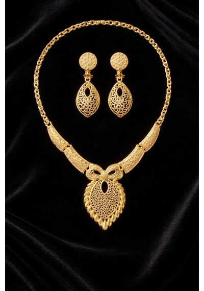 Imperial Glow Altın Renk Vintage Desenli Kolye Küpe Set Şık Zarif Özel Gün & Davet Takı Seti