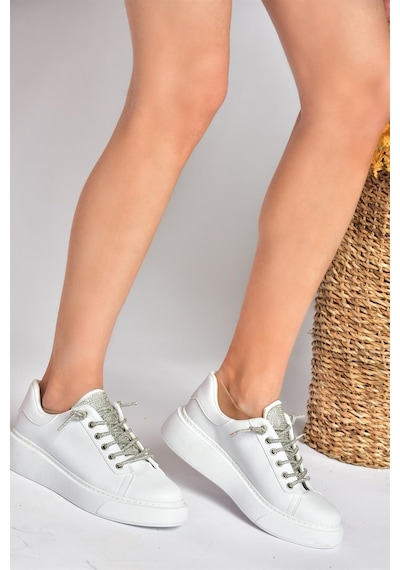 Fox Shoes P602001709 Beyaz Taşlı Bağcıklı Kadın Spor Ayakkabı Sneakers Beyaz
