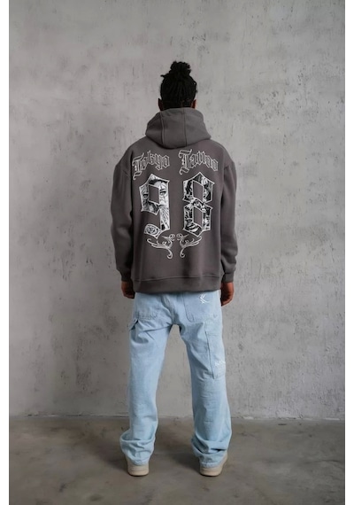 Erkek 98 Baskılı Kapşonlu Sweat - Gri Gri