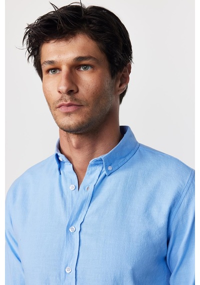 Tudors Slim Fit Uzun Kol Biyeli Yaka Düğmeli Keten Mavi Erkek Gömlek-28744-mavi Mavi