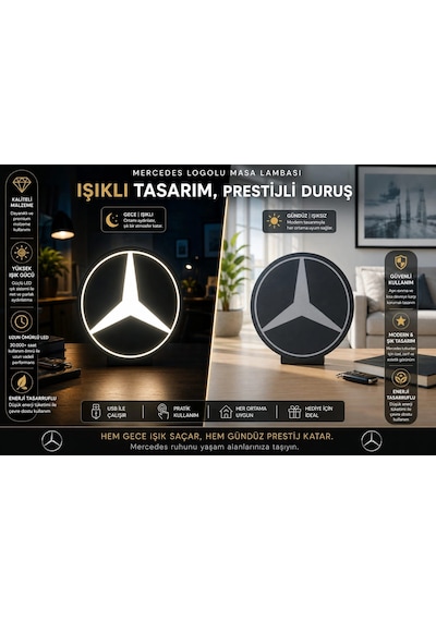 Mercedes Masa Lambası , Mercedes Logolu Led Işıklı Masa Lambası , Mercedes Gündüz Gece Masa Lambası Siyah