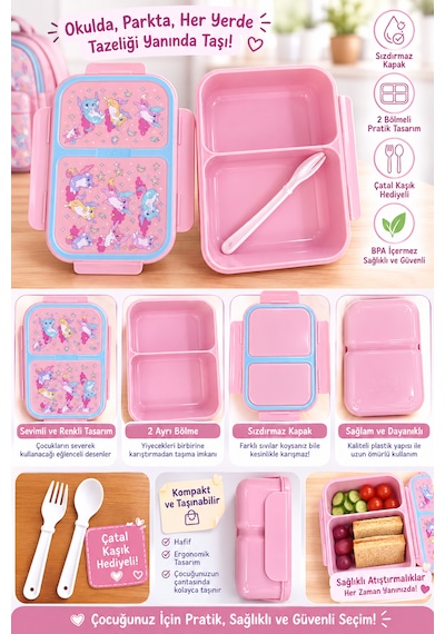 Muzeko Lunch Box Mzk884 Pembe Gıdaya Uygun Plastik Sızdırmaz Çift Bölmeli Lunch Box Beslenme Kabı 580ml Çatal Kaşık Hediye Beslenme Çantası Açık Pembe