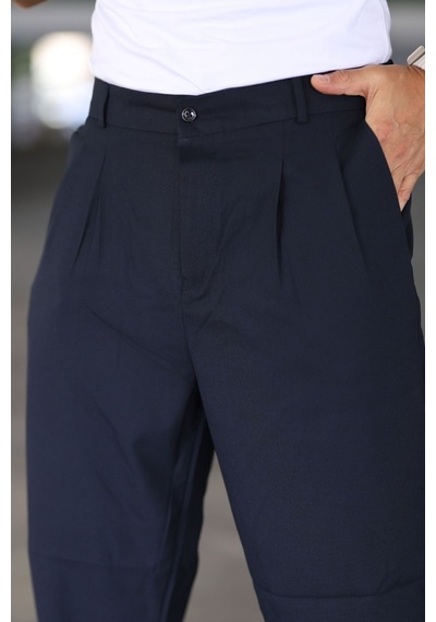 Bürke Baggy Çift Pileli Lacivert Renk Beli Lastikli Kaliteli Rahat Kesim Klasik Bol Paça Baggy Pantolon
