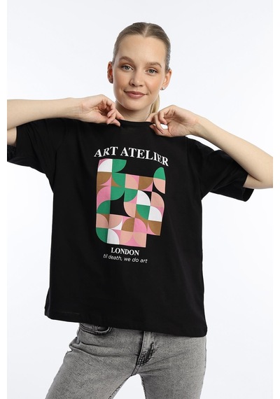 Kadın Art Atelier Baskılı Regular Fit Tişört Siyah