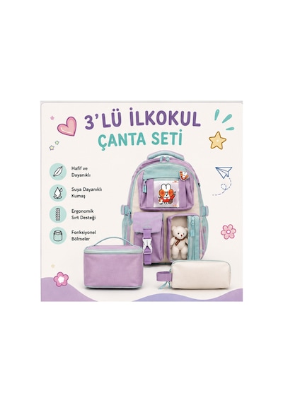 Peluş Oyuncak Detaylı 3'lü İlkokul Çanta Seti - Çok Bölmeli Su İtici Okula Dönüş İlkokul Turkuaz