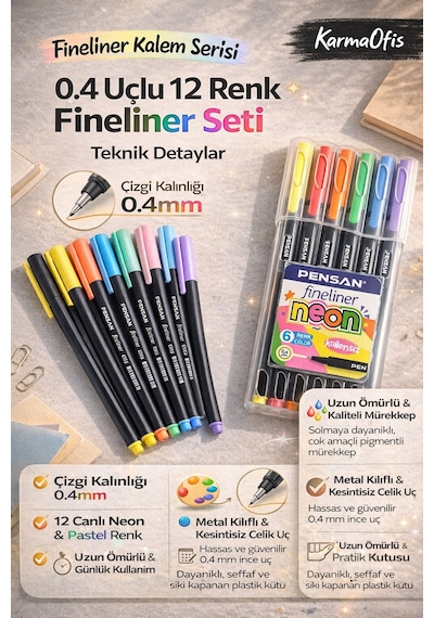 0.4 Uçlu 12 Renk Fineliner Kalem Seti Neon & Pastel Pensan İnce Uç Çizim Kalemi Seti