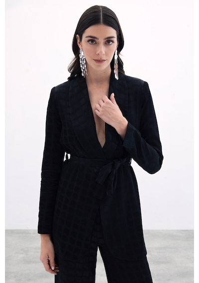 Sateen Kare Desenli Kuşaklı Ceket - Siyah-135788 Siyah