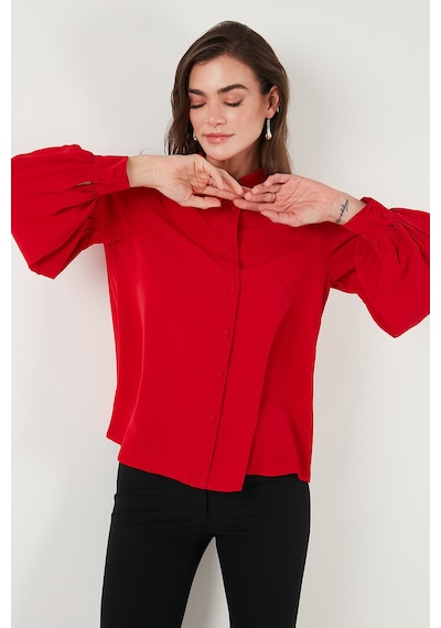 Lela Regular Fit Dikiş Detaylı Düz Yaka Balon Kol Bayan Gömlek 611Go00003 Kırmızı