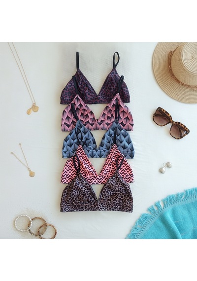 Bonbon Kadın Balensiz Desteksiz Üçgen Bralet 5 Renk 5'li Paket Leopar Mavi Pembe Çiçek Geometri Desenli Sütyen Bb2818 Desen2
