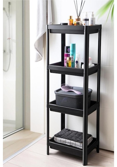 Omaş Household Product 4 Katlı Banyo Raf Ünitesi Siyah Banyo Düzenleyici Şampuanlık Havluluk Dolap Siyah