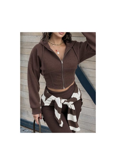 Evoa Kadın Kahve Oversize Kol Kapüşonlu Crop Hırka Kahverengi