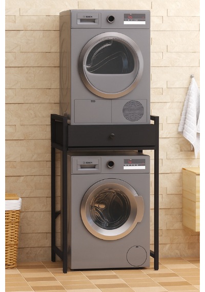 Çamaşır Sepeti Çekmeceli Çamaşır Makinası Ve Kurutma Makinası Rafı Makina Üstü Banyo Düzenleyici Raf Blackk