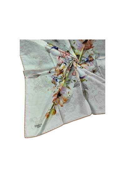 Mim Eşarp Emilya Rayon Çiçek Desenli Şal Eşarp 90x90 Cm Açık Gri - Turuncu