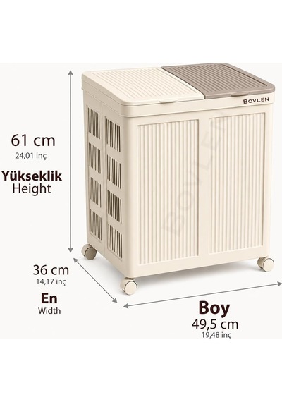 Mega Boy Havalandırmalı Çamaşır Sepeti - 100 Litre Oyuncak Kutusu - Tekerlekli - Çift Bölmeli 2x50 Lt - 49.5x36x61 Cm - Pp+ Tpr Bej