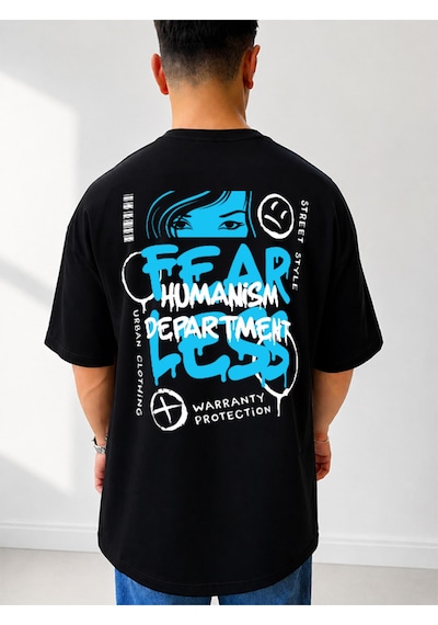 525 Oversize Sırt Baskılı Streetwear Unisex T-shirt Fearles Siyah