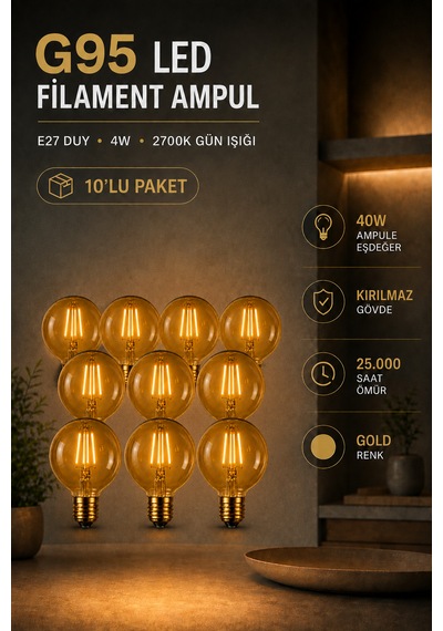 Rustik Led Kırılmaz Ampul G95 Glop E27 4w 2700k Sıcak Işık Gold Filament Dekoratif Dimmerli 10'lu