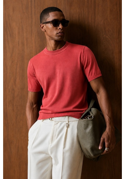 Tarz Cool Erkek Bisiklet Yaka Kısa Kollu İnce Triko Slim Fit Günlük Şık Triko T-shirt Kırmızı