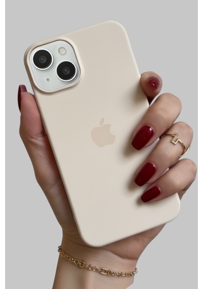 Iphone 13-14 Uyumlu Kılıf Logolu Lansman Soft Yumuşak Içi Kadife Silikon Kapak Bej