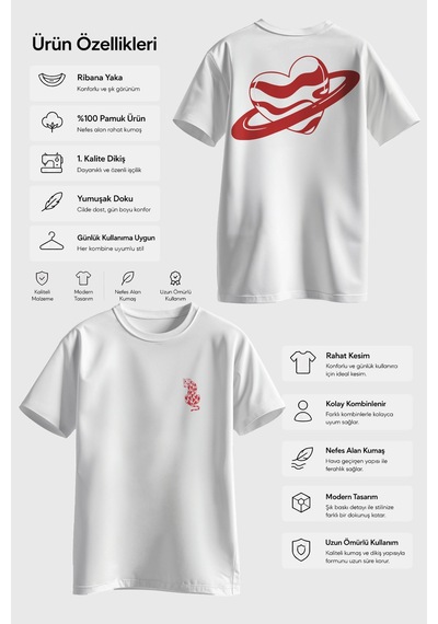 Spoyi Love Planet Tasarımlı %100 Pamuk Yarım Oversize Beyaz T-shirt