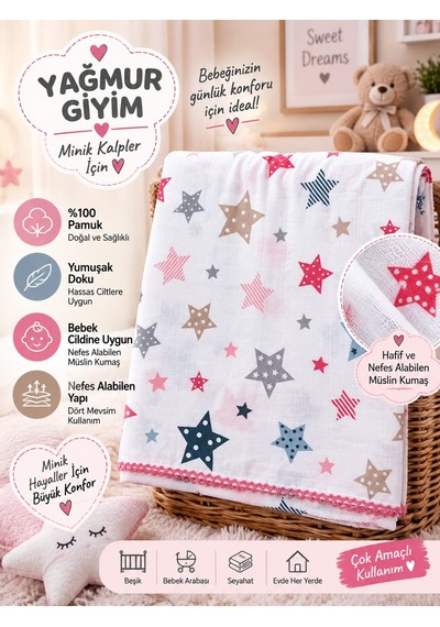 Yağmur Giyim Berço Desenli Müslin %100 Pamuk Bebek Battaniyesi 80 90 Ölçülerinde 0-12 Ay 875/1 Pembe