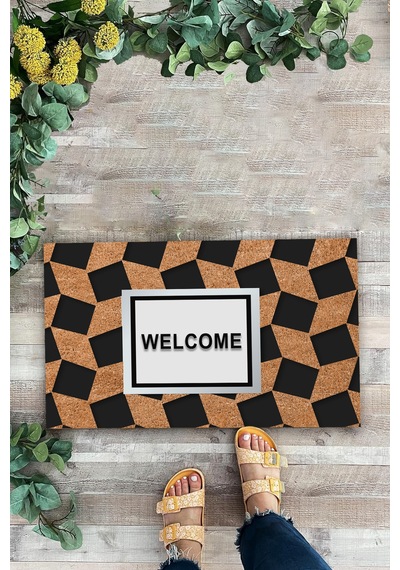 Valerine Life Ekose Desenli Kahverengi Siyah Welcome Hoş Geldiniz Kapı Önü Paspası 45x70cm Kahverengi