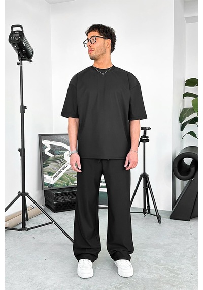 Siyah İnce Fitilli Oversize Tişört Siyah