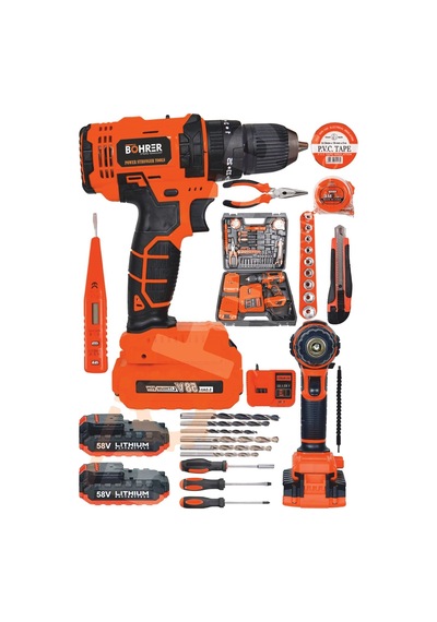 Böhrer 32dt Böhr 58v 5ah Darbeli Metal Şanzıman 32 Parça Full Set Dark Orange Çift Akülü Şarjlı Vidalama Matkap