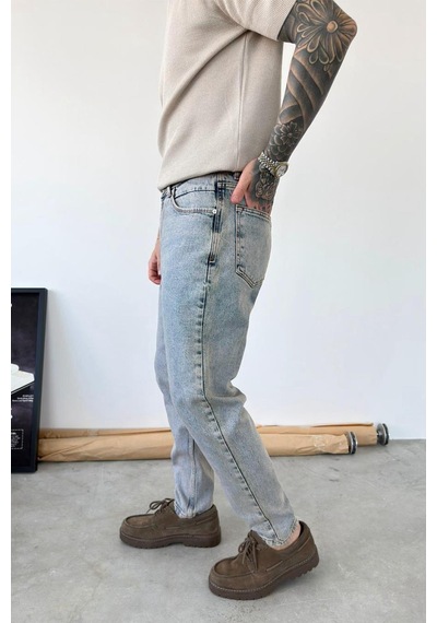 Eskitme Buz Mavi Basic Boyfriend Pantolon Mavi