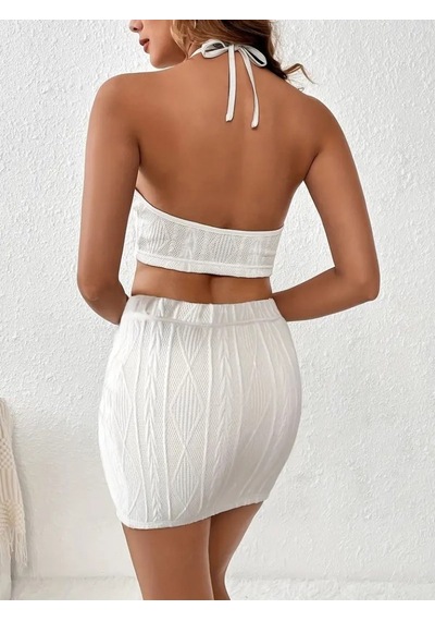 Dogutrend Kadın Sıfır Kol Crop Mini Etek Ikili Triko Takım Beyaz