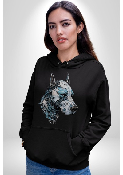 Robot Cyborg Köpek Doberman Kadın Erkek Siyah Kapüşonlu Sweatshirt Hoodie Siyah