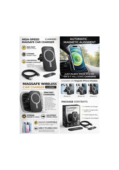Charge+ Magsafe Araç İçi Kablosuz Şarj Cihazı 15w Hızlı Şarj Manyetik Telefon Tutucu Usb-c Uyumlu İphone 15 14 13 12