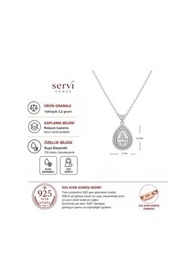Servi 925 Ayar Gümüş Damla Zirkon Taşlı Kolye-305