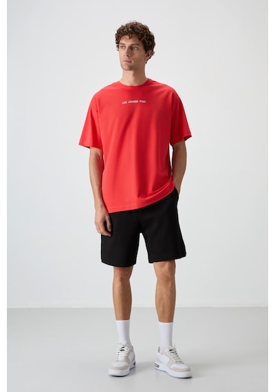 Air Jones Tommy Life Fiesta Pamuklu Kalın Yüzeyi Dokulu Oversize Fit Baskılı Erkek T-shirt - 88364 Kirmizi