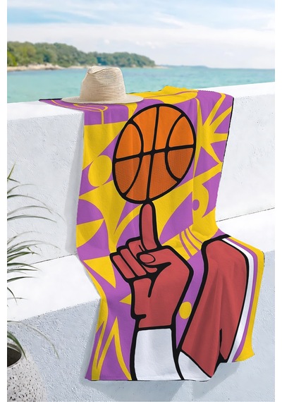 Basketbol Temalı Modern Plaj Havlusu - Geometrik Pop Art Mor Sarı Hızlı Kuruyan Mikrofiber Havlu Dalgın Defne