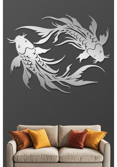 Koi Balıkları Metal Duvar Tablosu - Metal Duvar Sanatı - Krom - 30 X 23 Cm