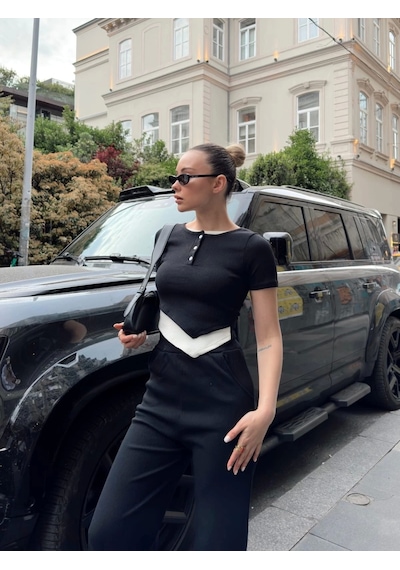 Byb Moda Tasarım Düğme Yakalı Siyah Alt Üst Takım S3943 Siyah