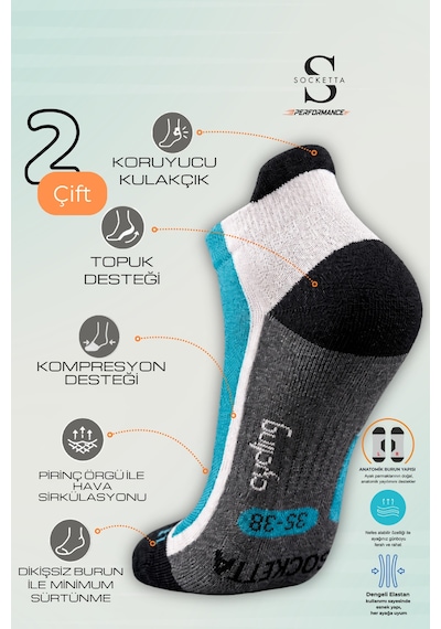 Socketta 2'li Siyah/turkuaz Üniseks Dikişsiz Esnek Hafif Anatomik Kısa Konç Bisiklet Çorabı - Premium Collection Siyah/turkuaz Socketta 2'li Siyah/turkuaz Üniseks Dikişsiz Esnek Hafif Anatomik Kısa Konç Bisiklet Çorabı - Premium Collection Siyah/turkuaz