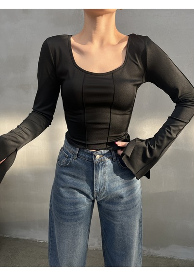 Msm Fashion Kadın Bluz İspanyol Kol Dikiş Ve Bağlama Detaylı Sırt Dekolteli U Yaka Bluz Siyah Msm Fashion Kadın Bluz İspanyol Kol Dikiş Ve Bağlama Detaylı Sırt Dekolteli U Yaka Bluz Siyah