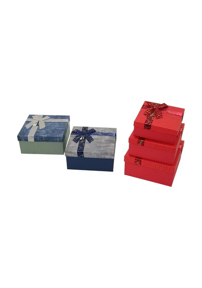 3pcs Kare Çizgili Mix Renkli Karton Hediye Kutusu Kurdelalı 19-17-15cm