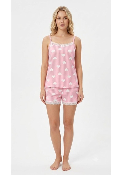Suısy Pink Heart Pembe Kalp Desenli Şortlu Pijama Takımı